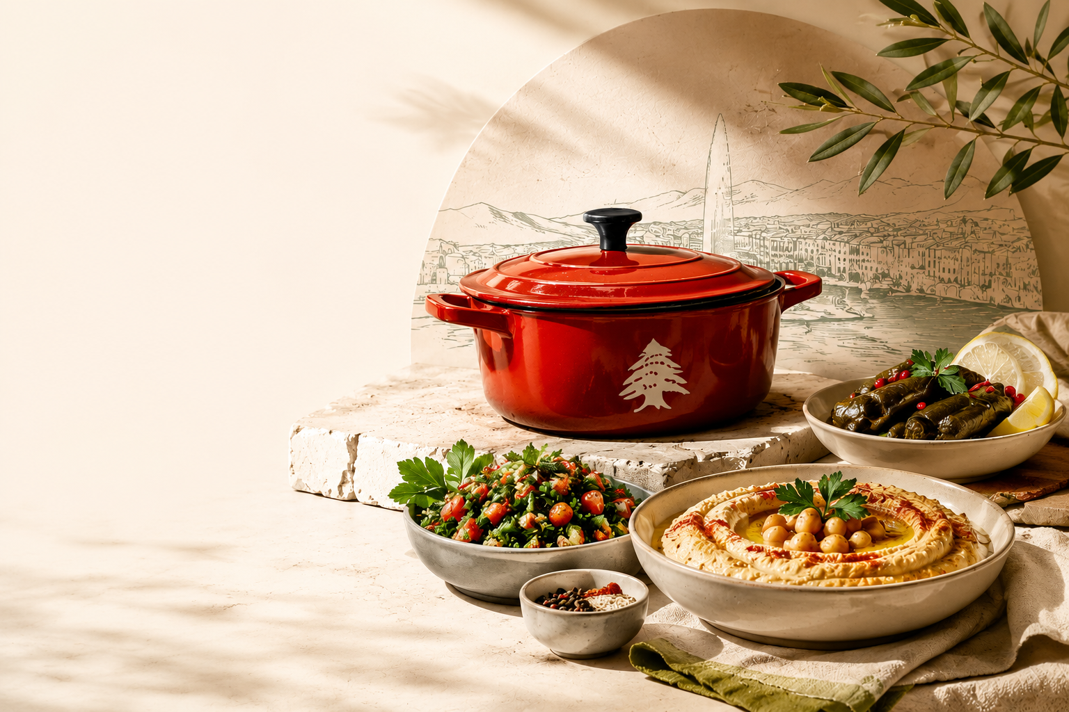 Cocotte rouge frappée du cèdre, houmous, taboulé et feuilles de vigne dressés sur une table.